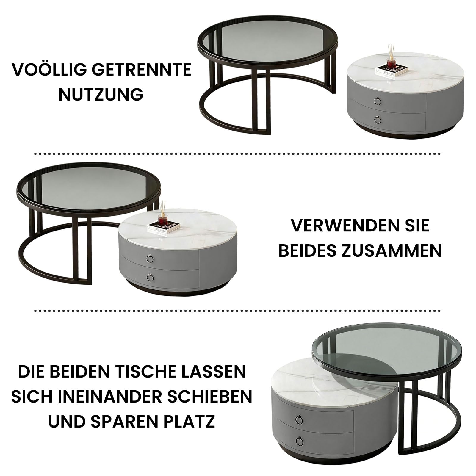 Generisch 2er Set Runde Couchtische mit Stauraum, Moderne Wohnzimmertisch mit Marmoroptik und Glasplatte, Stapelsofa Beistelltisch für Schlafzimmer Wohnzimmer Balkon Büro