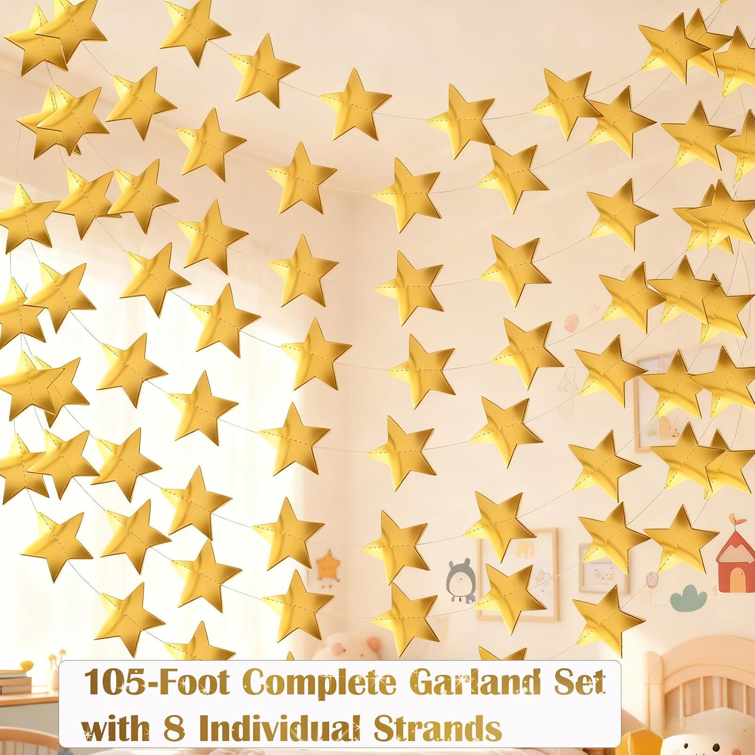 105 Feet Gold Star Garland, 8 Strands Glitter Paper Star String, 2.4 Inch Hanging Star Decorations for Christmas Tree, Birthday Party, Wedding, Ceiling Decor, Gold Paper Stars for Party Decor