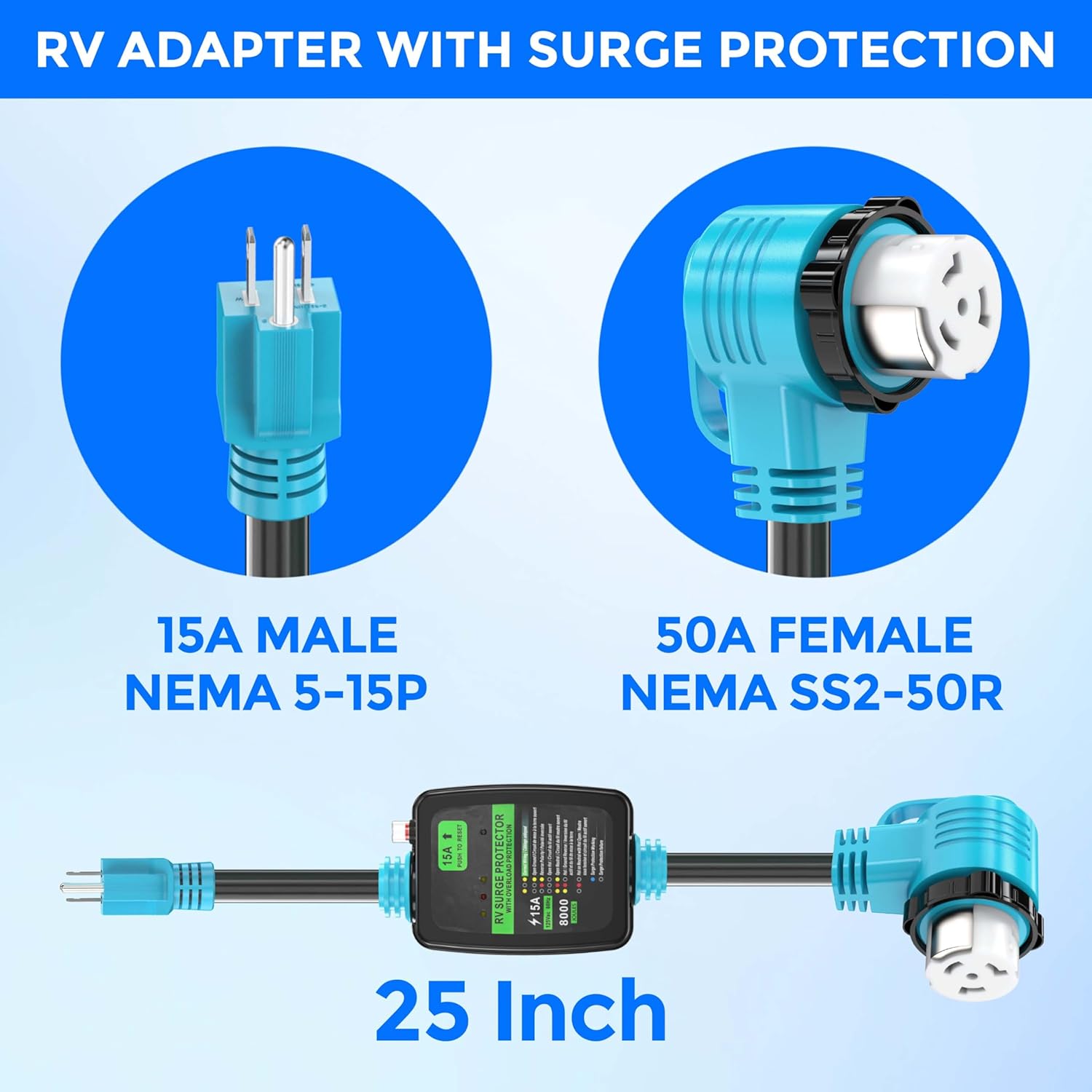CircleCord 50 Amp to 15 Amp 110 Volt RV Surge Protector Adapter Cord, 8000 Joules, NEMA 5-15P Male to SS2-50R 90° Right Angle Twist Lock Female, Overload Protection, RV Circuit Analyzer, ETL Listed