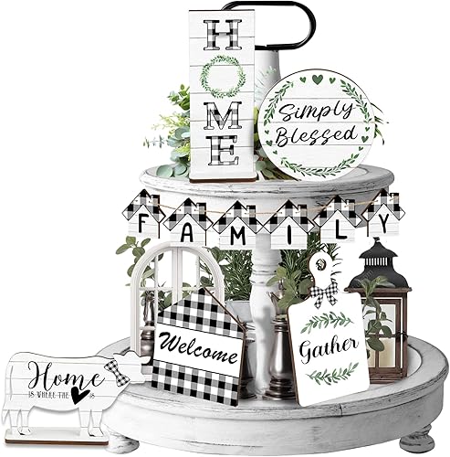 POILKMNI Decoración de bandeja escalonada de vaca de granja, decoración del hogar, verano, otoño, granja, mini letreros de madera, decoración de