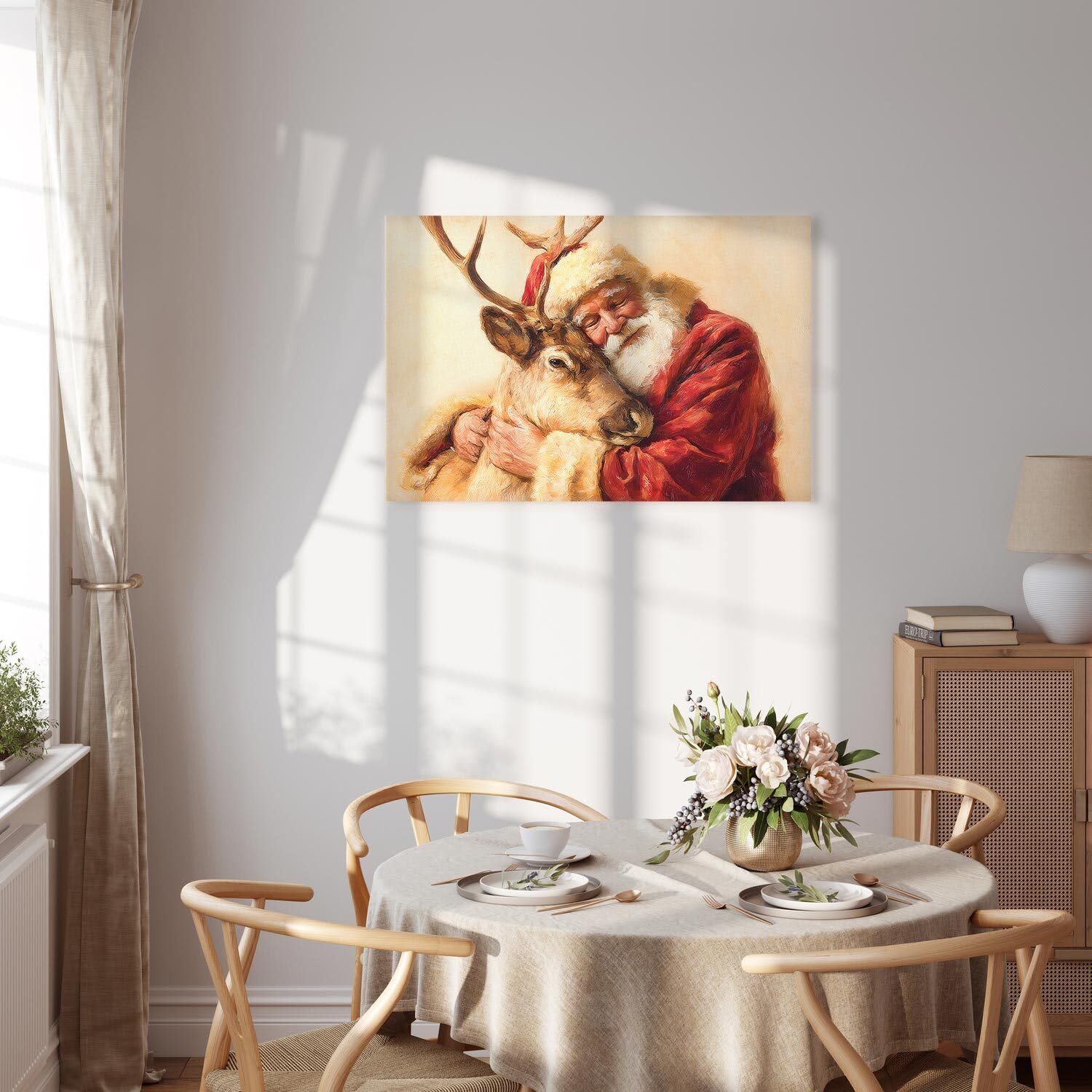 decomonkey Impression sur Toile Père Noël avec renne 60x40 cm 1 Pièce | Tableau decoration murale, Cadre en Bois, Photo Déco, Cuisine Père Noël Renne Noël, Tendue sur chassis en bois