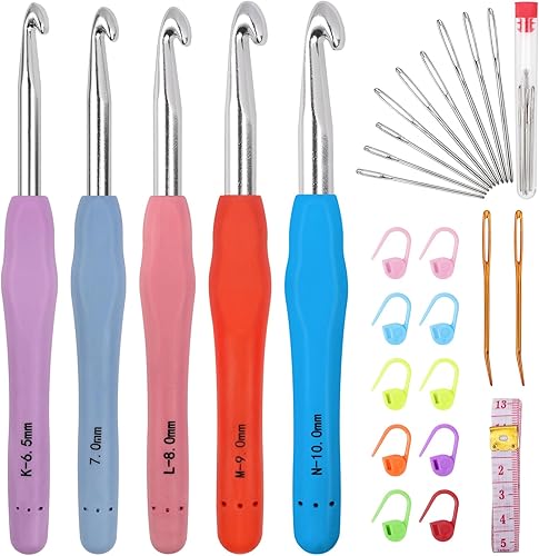 Miniatura 9 de Juego de ganchos de ganchillo de 12 tamaños, juego de 51 hilos de ganchillo para principiantes, agujas de tejer con asas ergonómicas para manos
