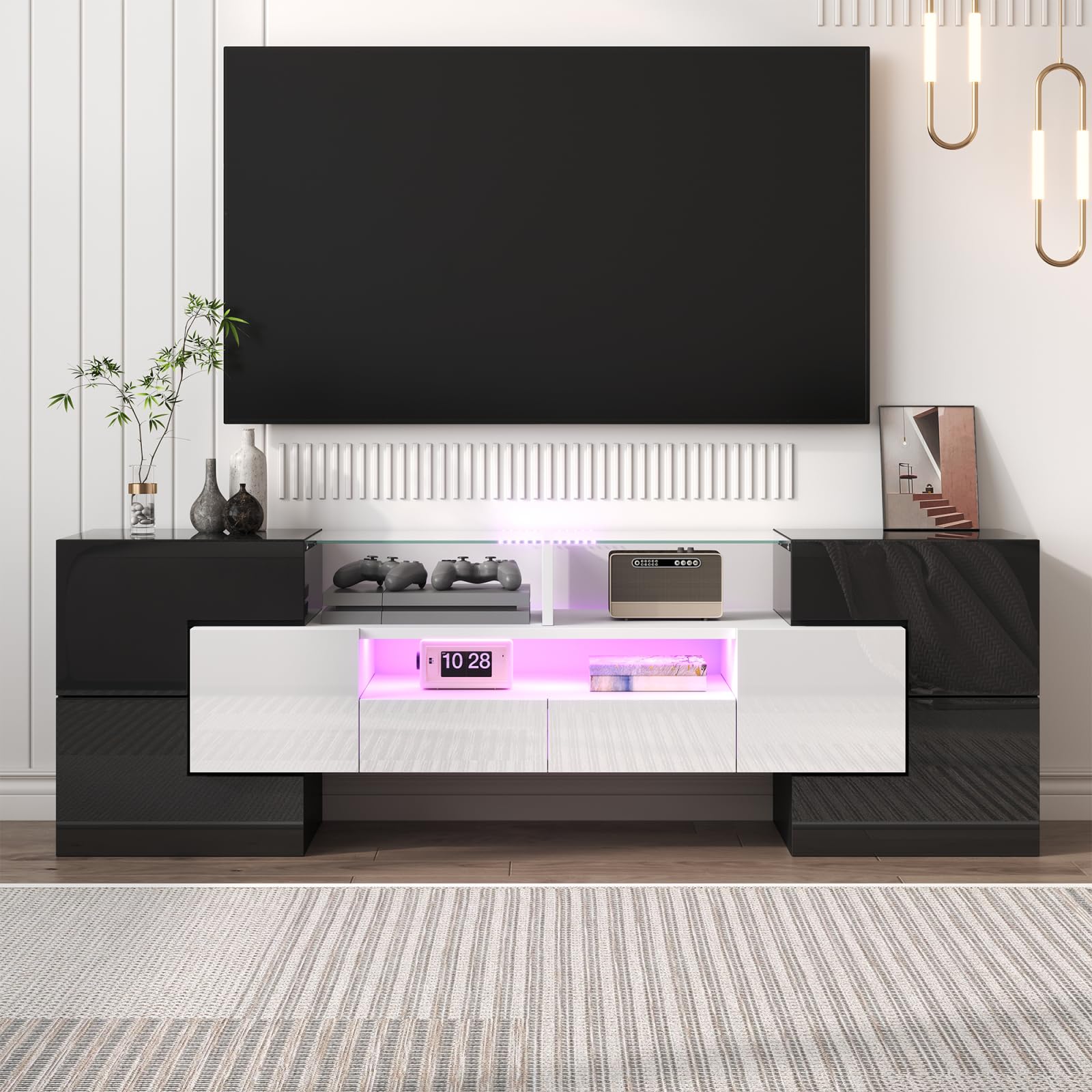Moderner LED TV-Schrank für Fernseher bis 65 Zoll, Fernsehschrank mit 6 Schließfach, 2 Schubladen,Fernsehtisch mit Glastischplatte, Hochglanz TV Lowboard für Wohn- und Esszimmer (Schwarz + Weiß)