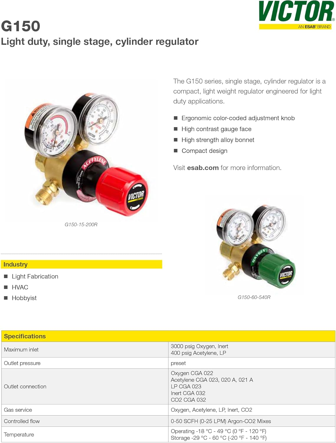 Regulator Set for Victor G150 Welding & Cutting Torches – Oxygen CGA-540 (0781-4241) & Acetylene CGA-200 (0781-4240) – A Size Hose Connections (3/8"-24)