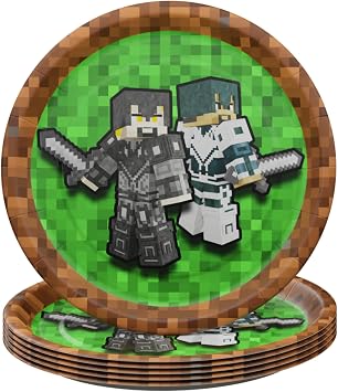 Blue Orchards Pixel Warrior Dessert Plate Pack of 20 - Video Game Party Supplies, Video Game Birthday Decorations, Mining Craft Party, Pixel Miner Party, Video Game Birthday Party