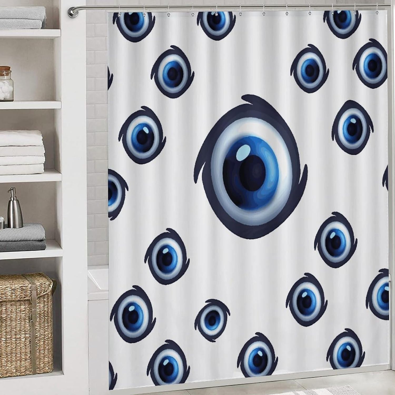 Evil Eyes 4Pcs Shower Curtain Set with Non-Slip Rugs, Toilet Lid Cover and Bath Mat,Bathroom Set Decor Accessories,Curtain Set with 12 Hooks, 72 X 72 Inch