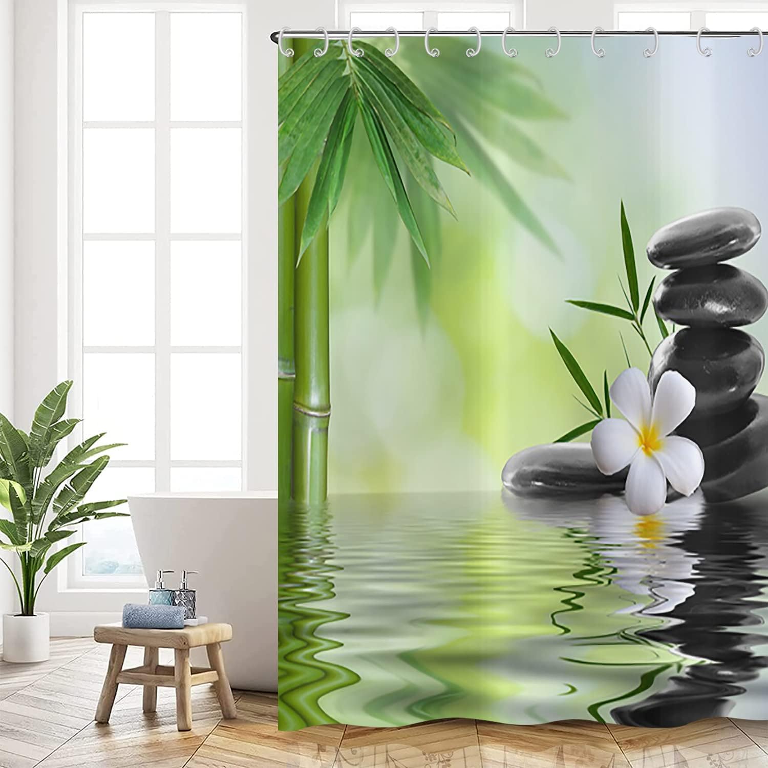 Spa Grüner Bambus Duschvorhang 300x180cm Schwarzer Stein Weiße Blume Frühling Zen Meditation Garten Duschvorhang Anti Schimmel, Polyester Stoff Waschbar Duschvorhänge für Badezimmer
