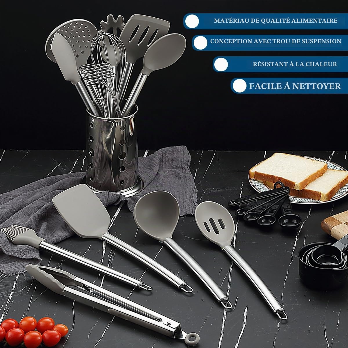 Ustensiles de cuisine, Kyraton 38 pièces en silicone antiadhésif, cuillère spatule avec porte-ustensiles en acier inoxydable, lavable au lave-vaisselle