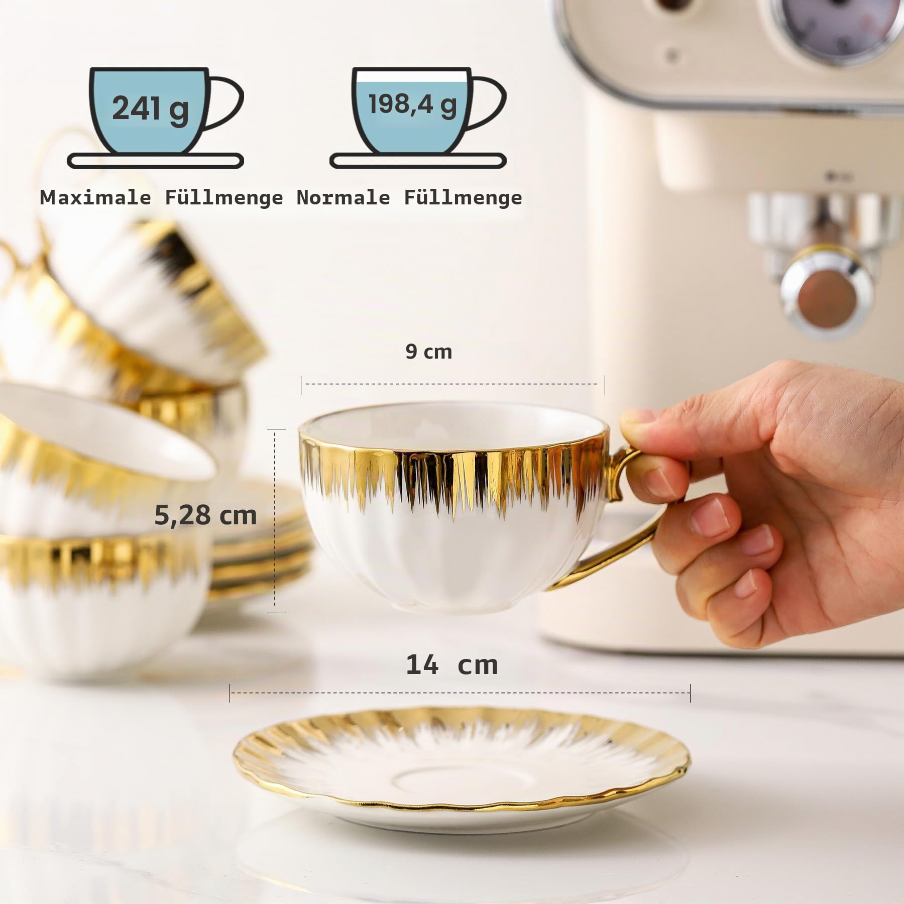 LETAOTAO Cappuccinotassen mit Untertassen, 200 ml, Porzellan, Doppel-Espressotassen, Keramik, türkische Kaffeetassen mit Goldrand, Teetassen 6er-Set, Café-Tassen für Latte, Mokka, Au-Lait, Weiß