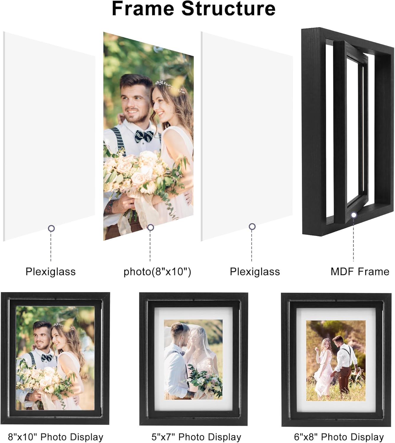FramePro 2-Pack Rotating Double Sided Picture Frame - 8x10 Floating Double Plexiglass Desk Frames Vertical/Horizontal Display, Black Wood with 5x7/6x8 Photo Mats