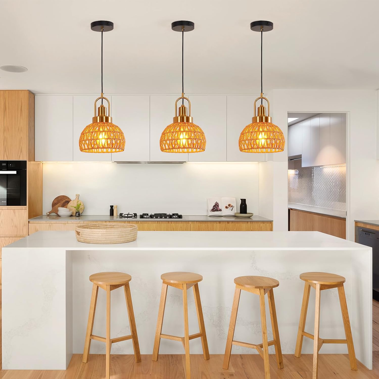 9.45" Boho Gold Rattan Pendant Light Modern Vintage Dome Farmhouse Pendant Light Fixtures Hand Woven Golden Bamboo Wicker Pendant Lights for Kitchen Island, Dining Room, Bedroom, Hallway