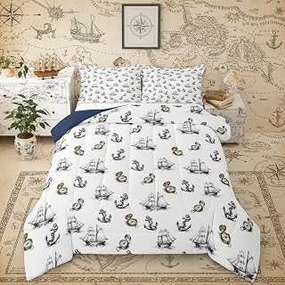 Castle Fairy Anchor Nautical Compass Comforter Set Twin Size Ships Sailboat Bedding Set 2pcs,Retro Sketch Style for Kids Boys Girls Room Decor,Ocean Adventure Piece All Season with 1 Pillowcase