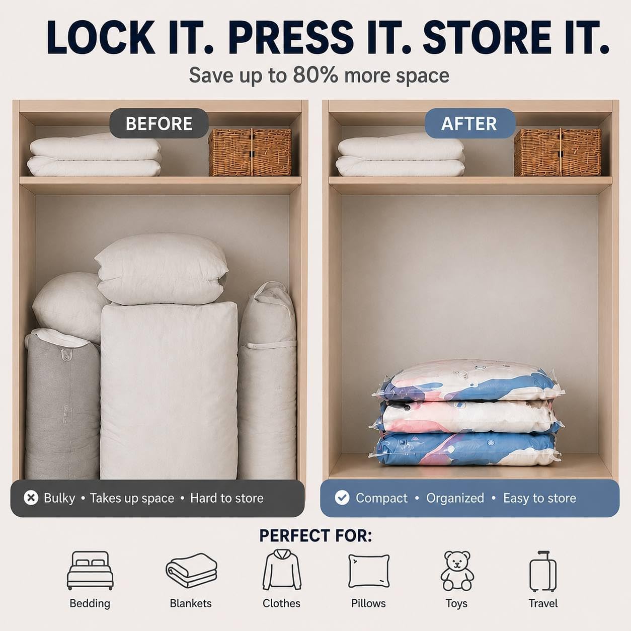 No Pump Vacuum Storage Bags, 5-Pack (2 X-Large + 3 Large), Reusable Space Saver Bags for Clothes, Blankets, Bedding & Travel