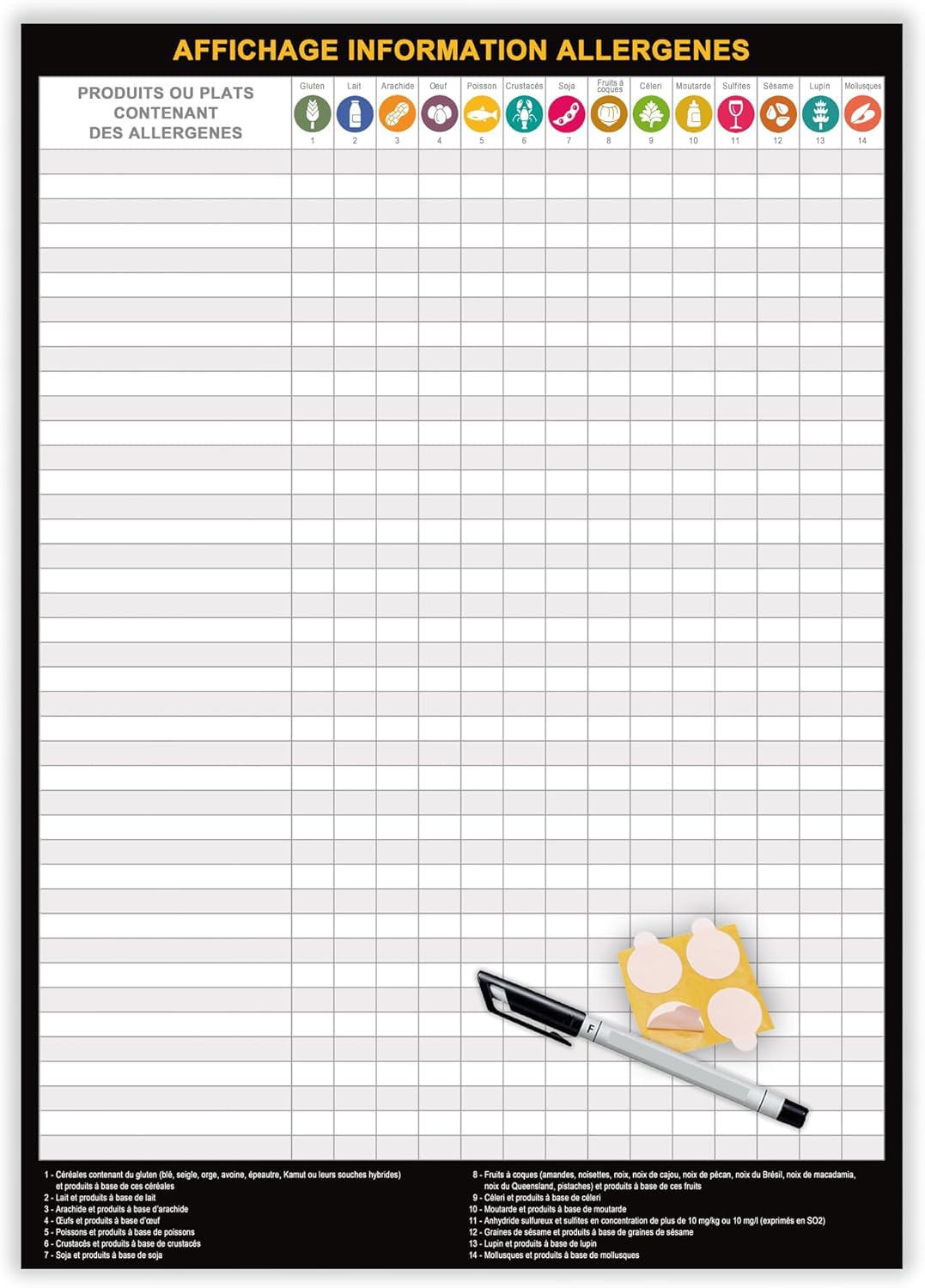 Panneau affichage obligatoire allergènes restaurant 2026 (A3 : 42x29,7 cm) - Déclaration obligatoire allergènes dans plats ou menus - A3 plastifié effaçable + feutre + pastilles adhésives (A3AllNoir)