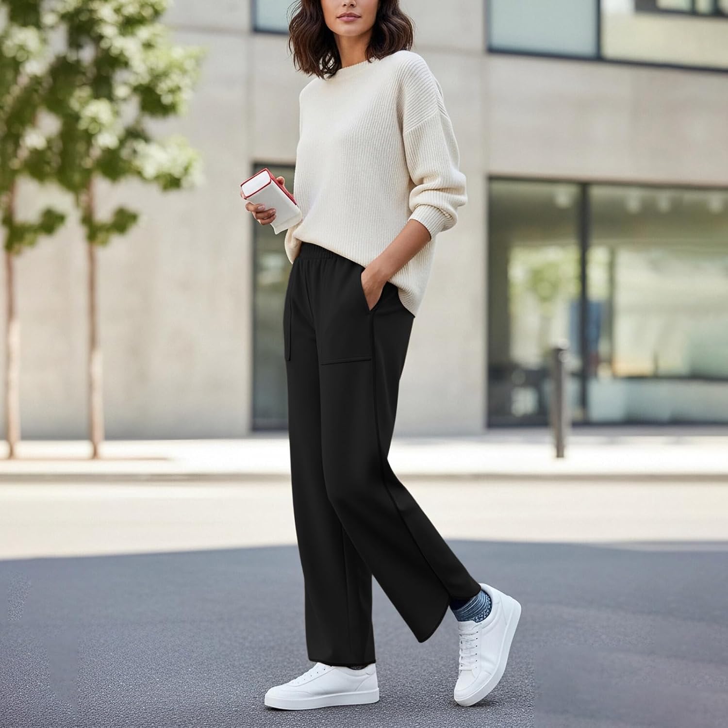 Womens Wide Leg Palazzo Sweatpants Baggy Elastic Waisted Lounge Pants 2026 Trendy Plain Travel Slacks with Pockets - Image 3