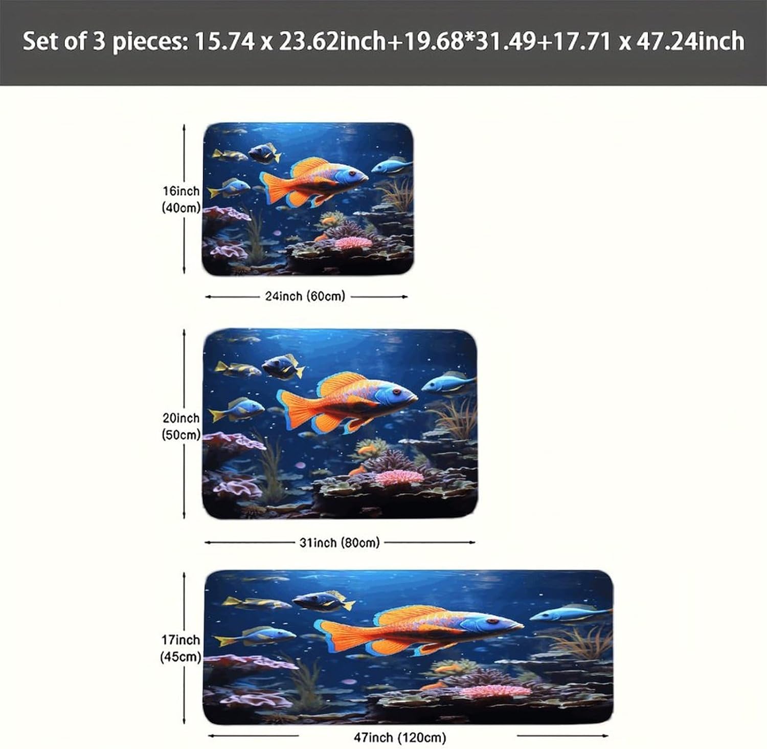 Fishs Kitchen Rugs Sets of 3 Washable Non Slip Kitchen Rug Water Resistant Carpet Piece Anti Fatigue Kitchen Mats Soft Comfort Standing Mat Modern Area Rug