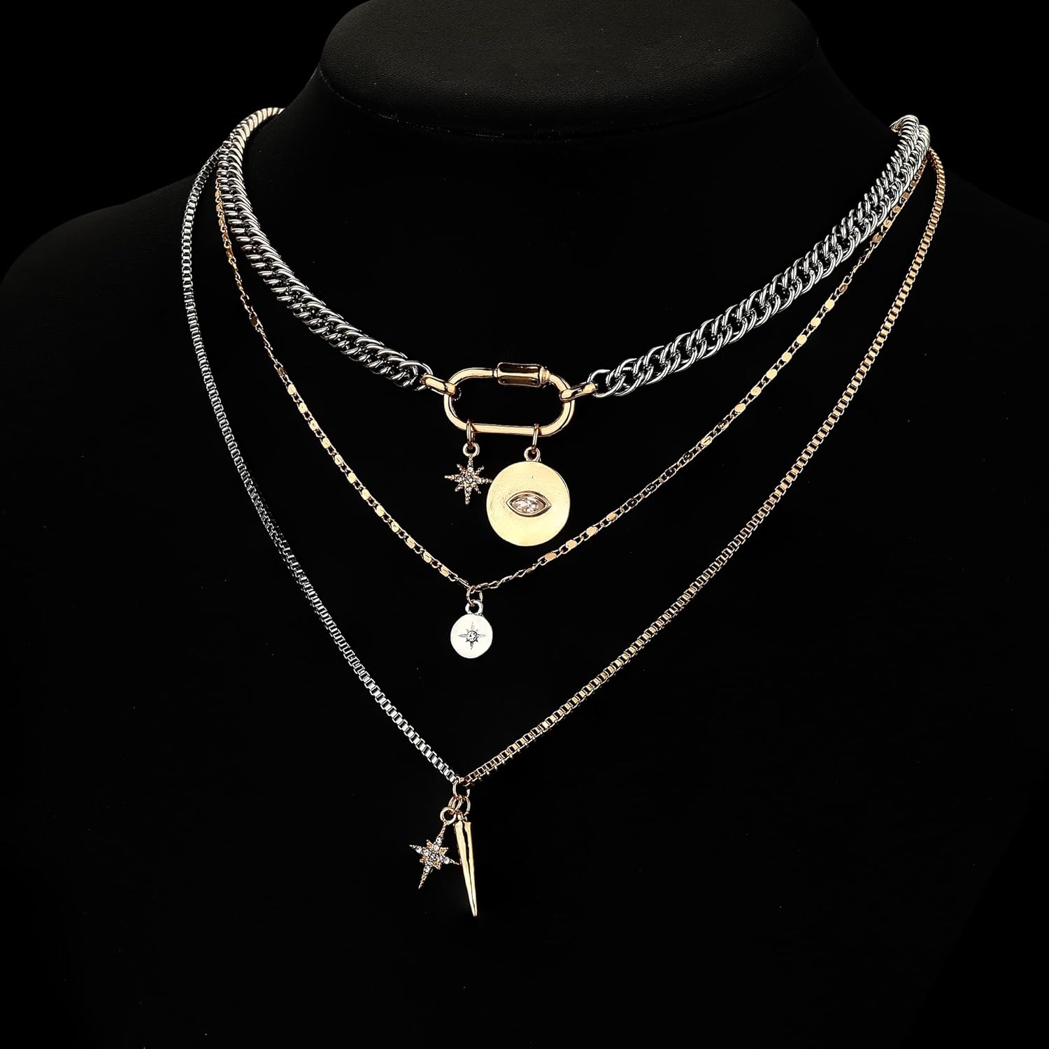 Gold Layered Necklace for Women, 3PCS Chunky Dainty Stackable Layering Rosary Chain Cross Carabiner Evil Eye Charm Necklaces Set Necklace Trendy Boho Vintage Jewelry Gift