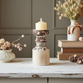 Rustic Candle Holder for Pillar Candle, White Distressed Farmhouse Wooden Pillar Candle Holders, Antique Candlestick Holder for Dining Table Centerpieces,Coffee Table Decor (4.5" x 4.5" x 9")