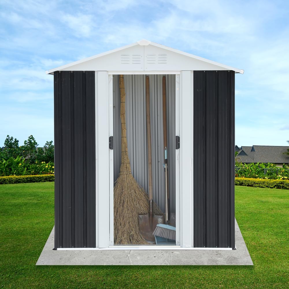 Durable Metal Garden Shed with Pent Roof Design for Outdoor Storage, Weather-Resistant Steel Structure with Hinged Door (NEW 5x3 FT Grey Apex Roof)