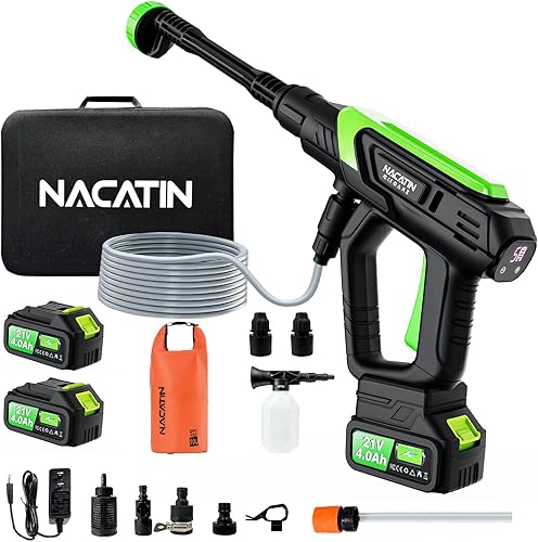 Lavadora a presión inalámbrica de 1000 PSI, 21 V 4.0 Ah con motor sin escobillas con boquilla 6 en 1, presión de 5 engranajes, adaptador de grifo