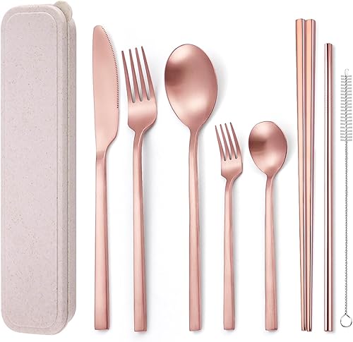 Miniatura 95 de AARainbow Juego de cubiertos de acero inoxidable de 8 piezas, portátil, reutilizable, juego de utensilios de viaje, incluye palillos, cuchillo