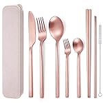 AARainbow 8 Pieces Stainless Steel Flatware Set Portable Reusable Cutlery Set Travel Utensils Set Including Chopsticks Knife Fork Spoon Straws Cleaning Brush Dishwasher Safe (B-Rose Golden)