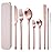 AARainbow 8 Pieces Stainless Steel Flatware Set Portable Reusable Cutlery Set Travel Utensils Set Including Chopsticks Knife Fork Spoon Straws Cleaning Brush Dishwasher Safe (B-Rose Golden)