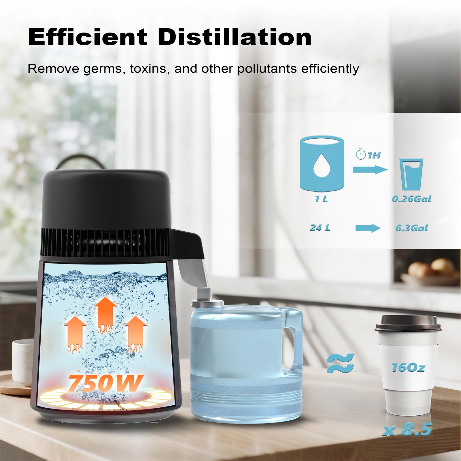 ROVSUN - Destilador de agua de 1.1 galón/4 litros, máquina de agua destilada con recipiente sin BPA, purificador de agua destilada con material ignífugo e interior de acero inoxidable, 750 W, negro