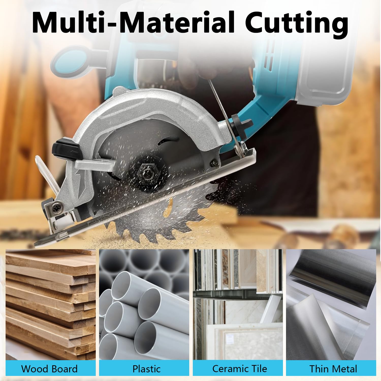 Mini Sierra Circular para Makita de 18V, Sierra Circular de Mano Sin Escobillas con 3 Hojas de Sierra,Gafas,Guantes y 2 llaves,Corte de Inglete de 0 a 45° para Azulejos,Madera,Plástico (Sin Batería)