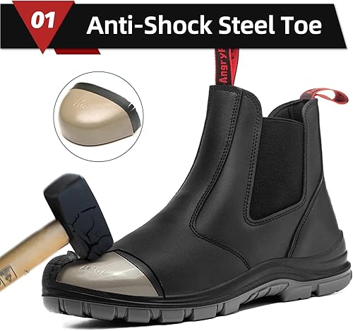 Miniatura 4 de ANGRYRAM Botas de trabajo con punta de acero para hombre, botas Chelsea sin cordones, zapatos industriales y de construcción, impermeables, ligeras,