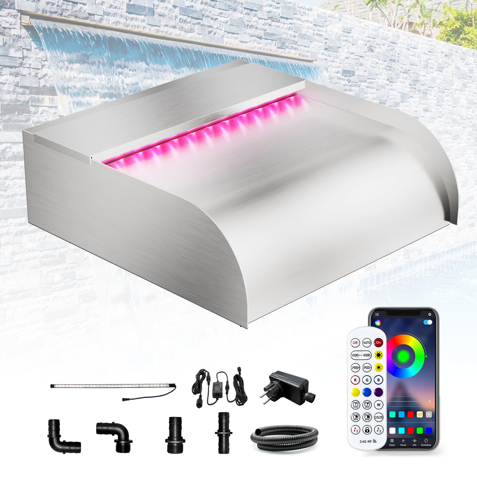 Longrun 30cm Pond Waterfall Blade Kit, 304 Stainless Steel Waterfall Feature Spillway, Outdoor Pool Fountain with 7 Colors Bluetooth LED Lights and Remote Control, Width 31cm — image 1