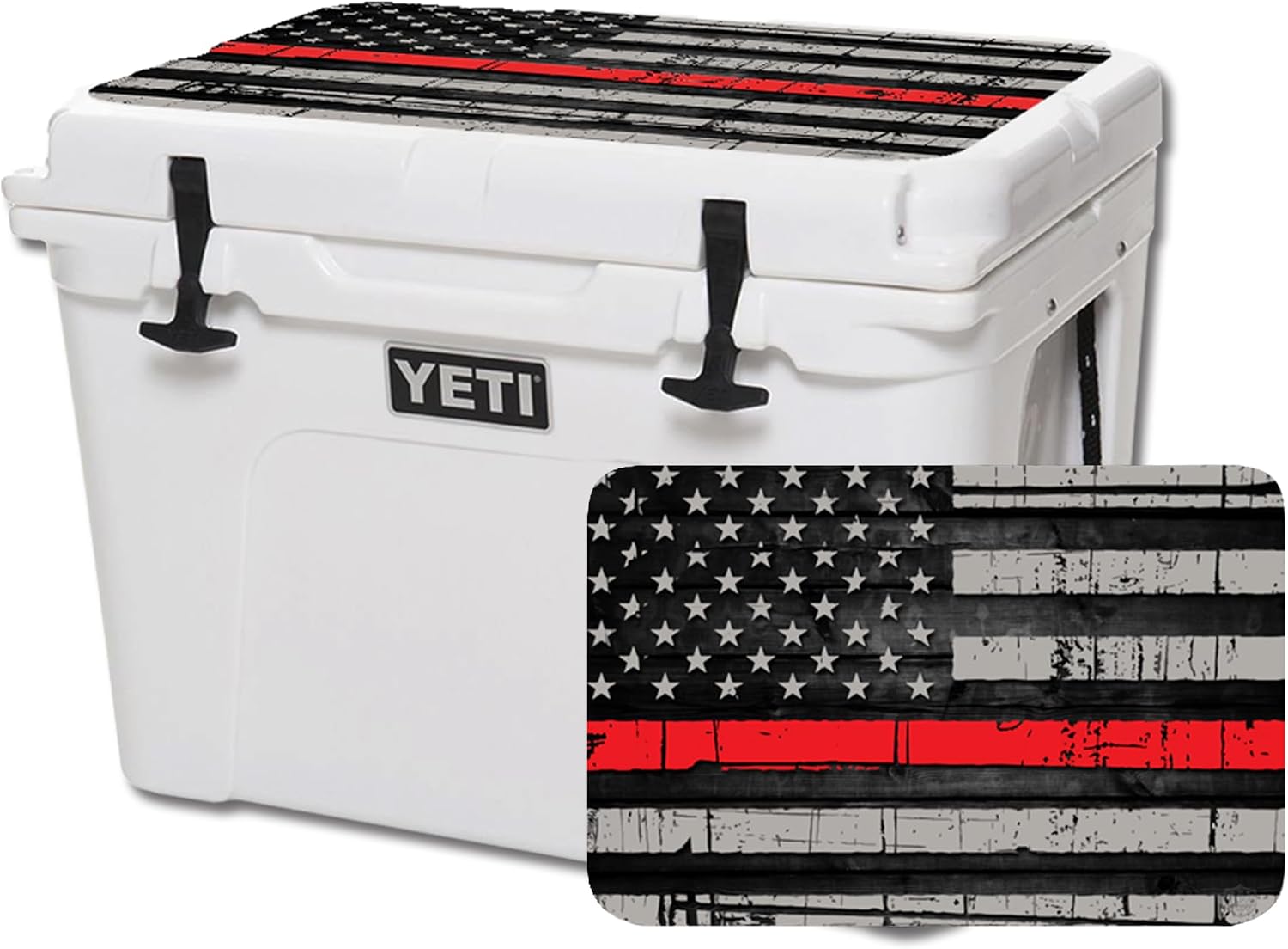 USATuff Vinyl Cooler Lid Kit Compatible with YETI | Easy Peel & Stick Application Cooler Skin Decal Wrap | Durable Pre-Cut Pieces | Made for Outdoor Use - Thin Redline Flag