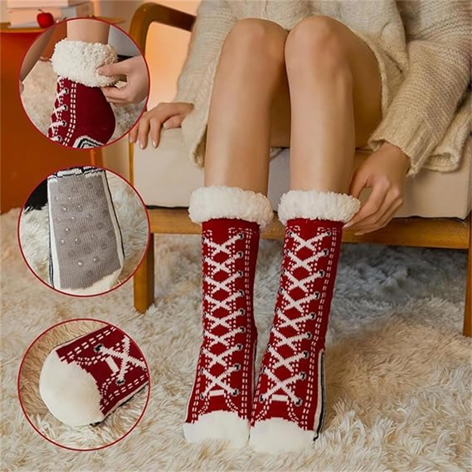 Accordinglye Bardzo grube kaszmirowe kapcie domowe skarpety, unisex, zimowe, super miękkie, ciepłe, przytulne, z podszewką polarową, antypoślizgowe skarpety