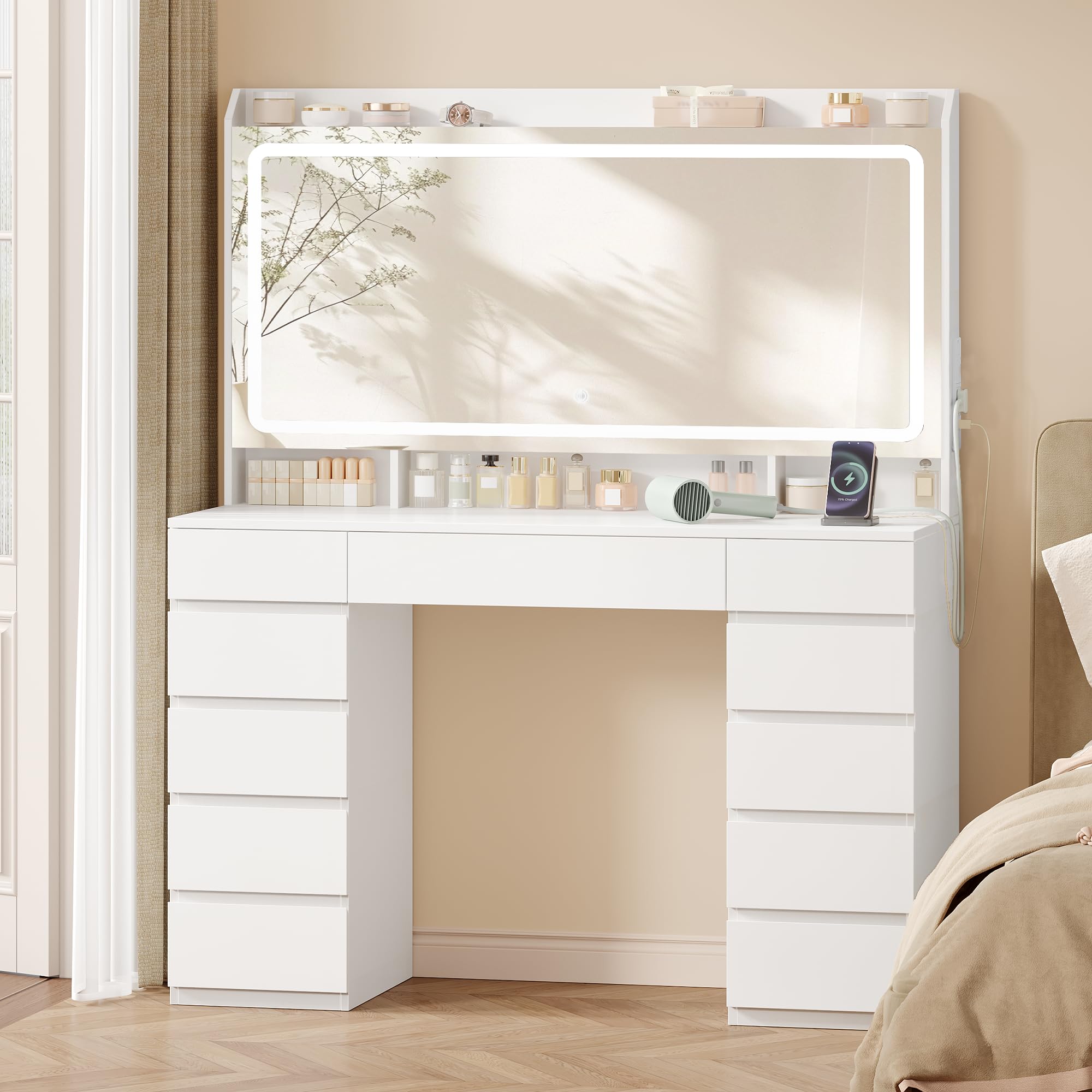 Hzuaneri Dressing Table, Vanity Desk with Power Strip, Vanity Table with Mirror and Lights, Adjustable Brightness, Makeup Desk with 11 Drawers, 3 Storage Compartments for Bedroom White DT43003XUK