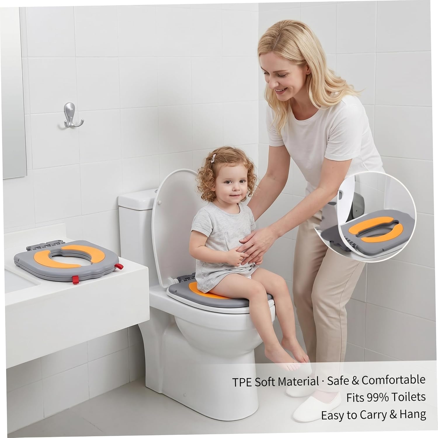 Kids Toilet Seat, Kids Auxiliary Toilet Seat - Flexible TPE Cushion, Portable with Hook, Fits Most Toilets, Gray