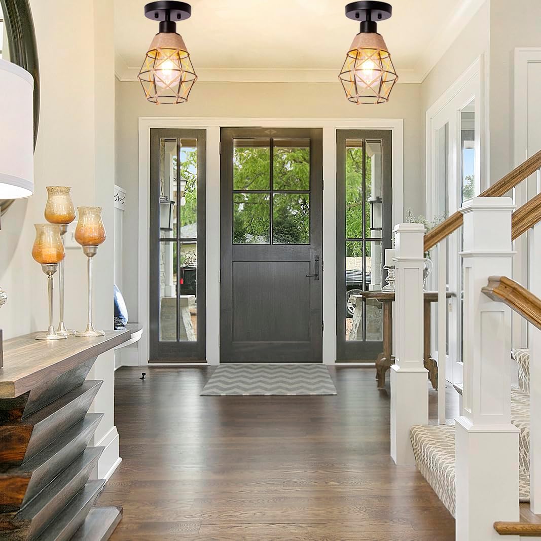 3 Pack Industrial Hemp Rope Pendant Lamp Shade, Small Vintage Boho Hanging Light Shades, Mini Rustic Metal Cage Lampshade for E27 Chandelier Wall Sconces Ceiling Hanging Pendant Light Fixture