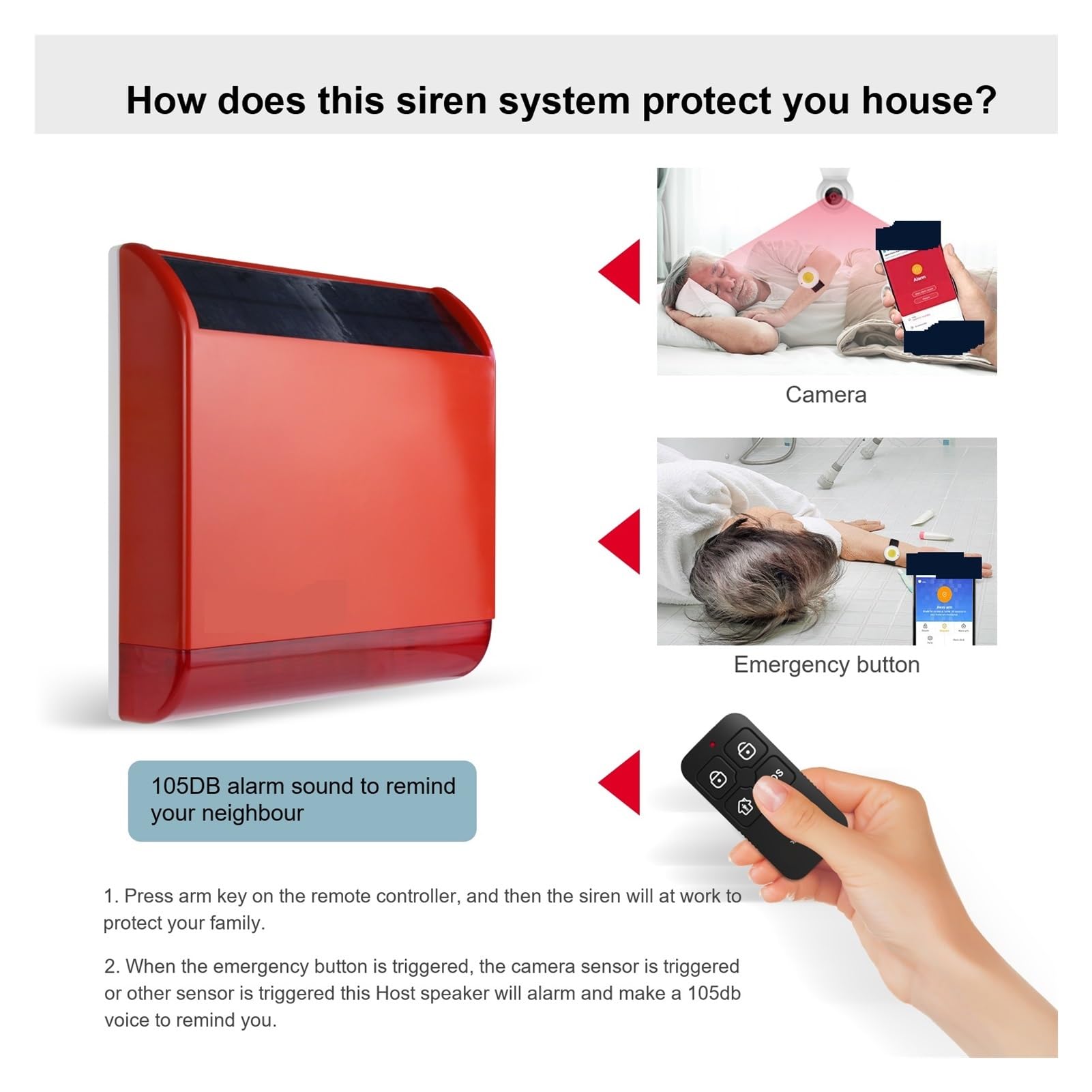 Sistema de alarma, De Alarma Al Aire Libre La Seguridad Del Antirrobo Sirena Flash Con Cámara 1080P Botón SOS For Los Ancianos/paciente(Set 2)