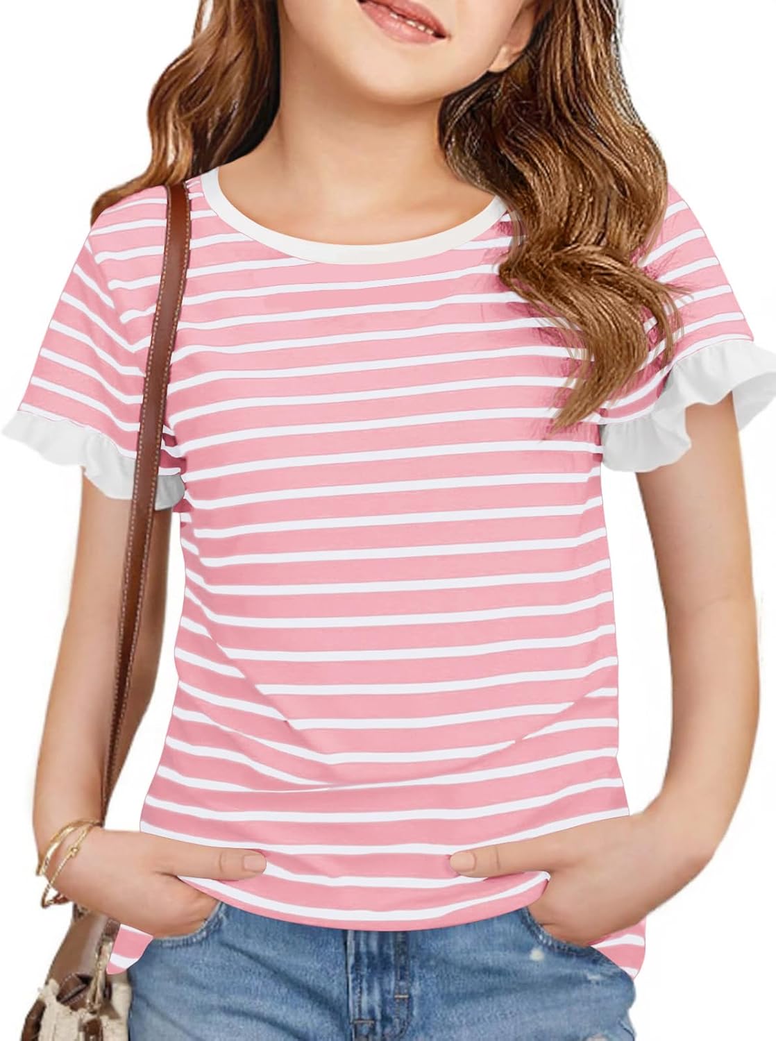 Haloumoning Girls Striped Ruffle Short Sleeve T Shirts Kids Summer Crewneck Tops Casual Tees 5-14 Years