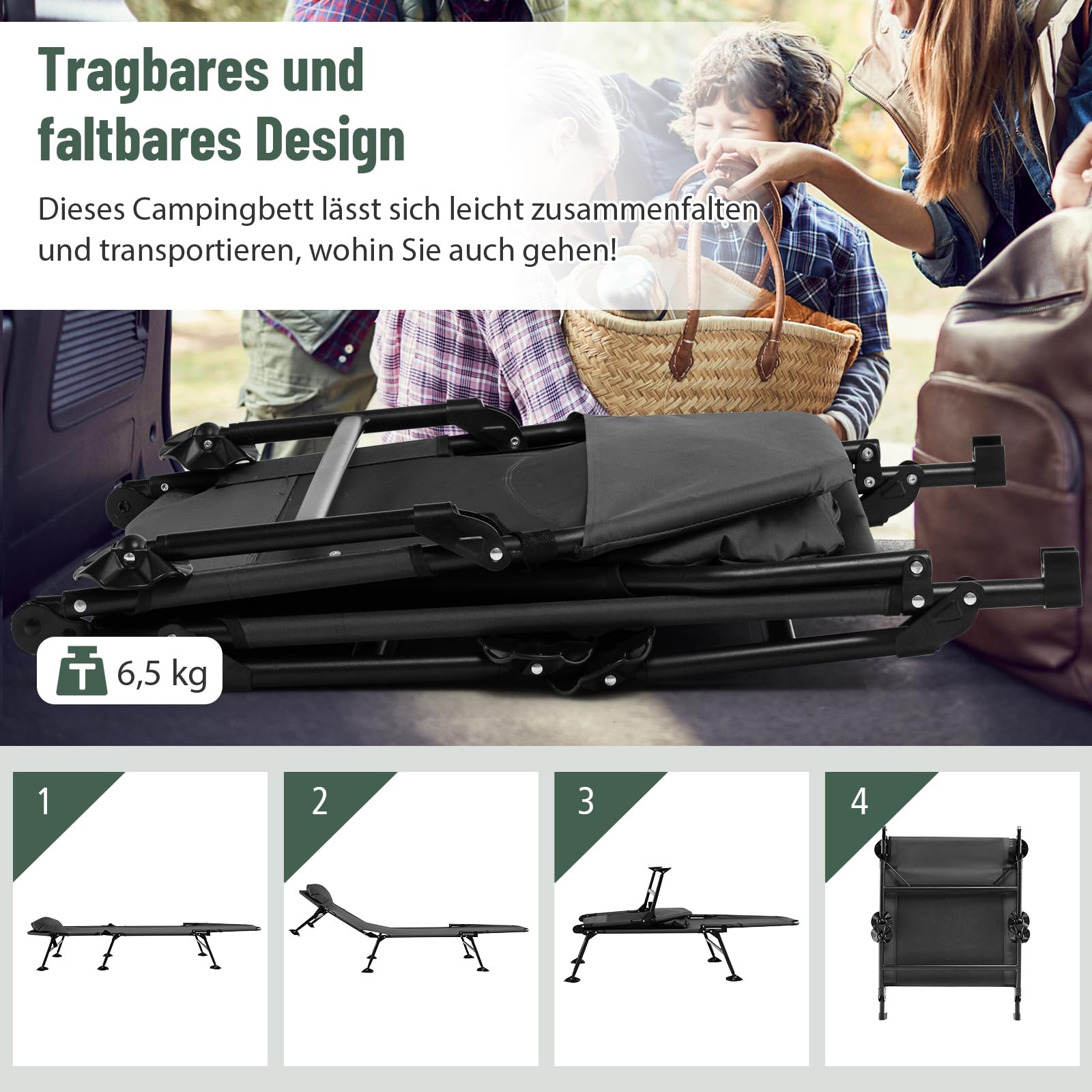 GOPLUS Karpfenliege, Angelliege bis 200kg belastbar, Campingliege Campingbett klappbar mit 6-Fach Verstellbarer rückenlehne & großen Schlammfüßen, Feldbett Klappbett für Angeln Camping