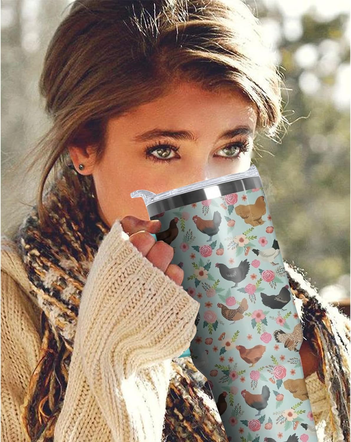 Chicken Tumbler with Handle and Straw, 40 oz Stainless Steel Pink Insulated Cup with Lid and Straw,Travel Coffee Mug Water Bottle, Birthday Christmas Mothers Day Gifts for Animal Lovers Women - Image 7