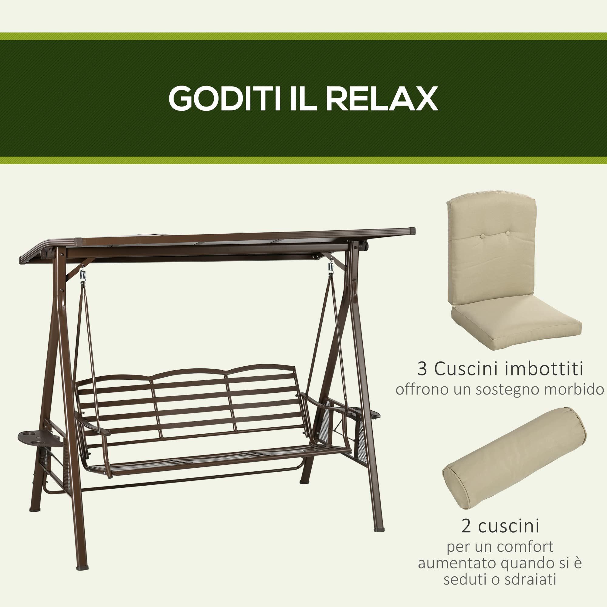 Outsunny Dondolo da Giardino 3 Posti in Acciaio e Poliestere con Tettuccio Inclinabile in PC e Cuscini per Schienale e Braccioli, 208x120x174 cm, Marrone e Kaki