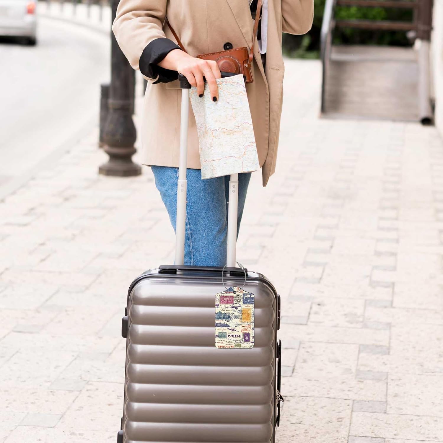 2Pcs Travel Stamp Luggage Tags for Suitcase Retro Stamp PU Leather Luggage Tags Identifier with Privacy Cover ID Label Address Card and Metal Loop for Men Women Travel Bag Suitcase Baggage image 5