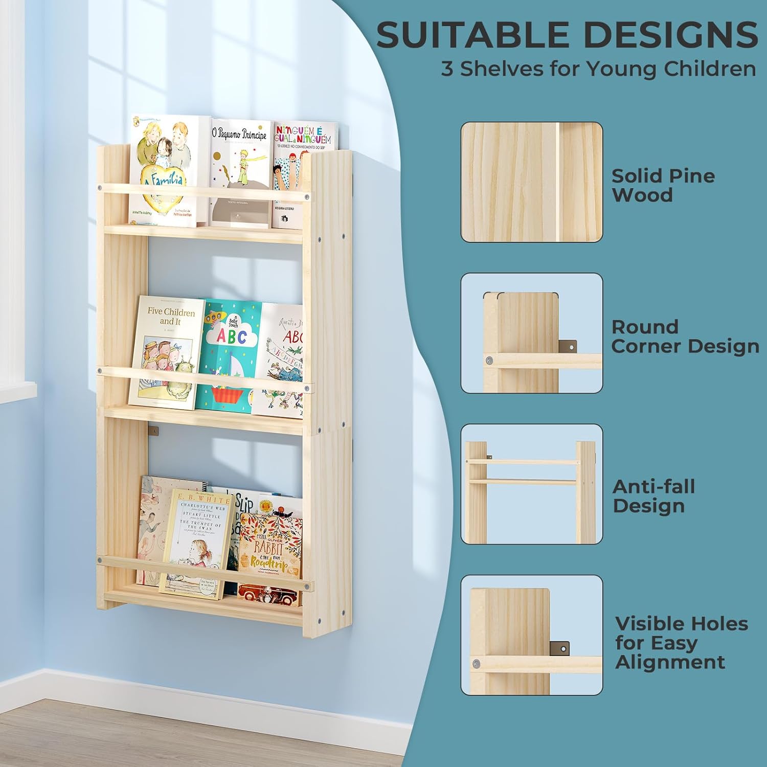3-Tier Wall Mounted Kids Bookshelf，Hanging Kids Bookcase, Toy and Book Storage Bookshelf in Bedroom, Living Room and Nursery Solid Wood Pine (Natural, 3 Tier)