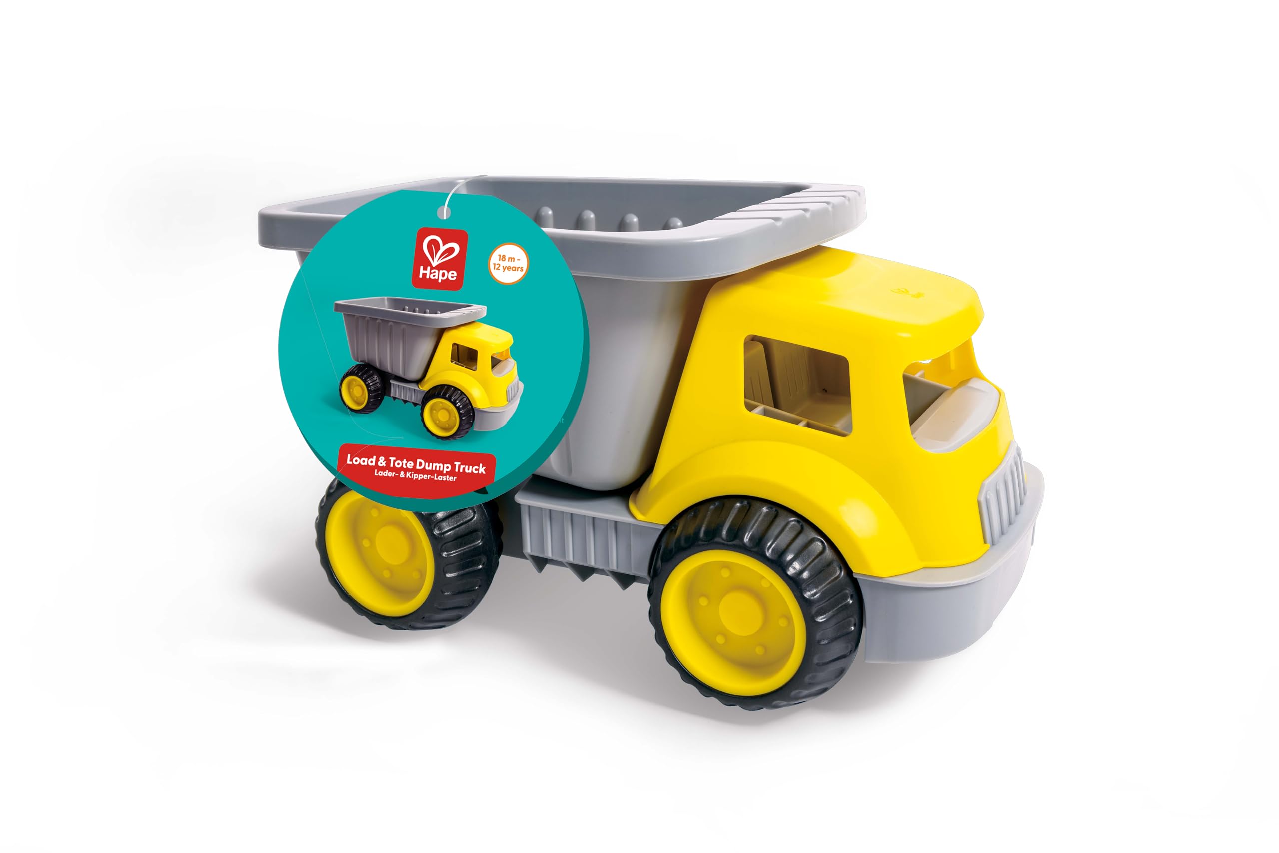 Hape - Autoribaltabile Carica e Trasporta per giocare in spiaggia e a casa | Camioncino giallo per bambini dai 18 mesi
