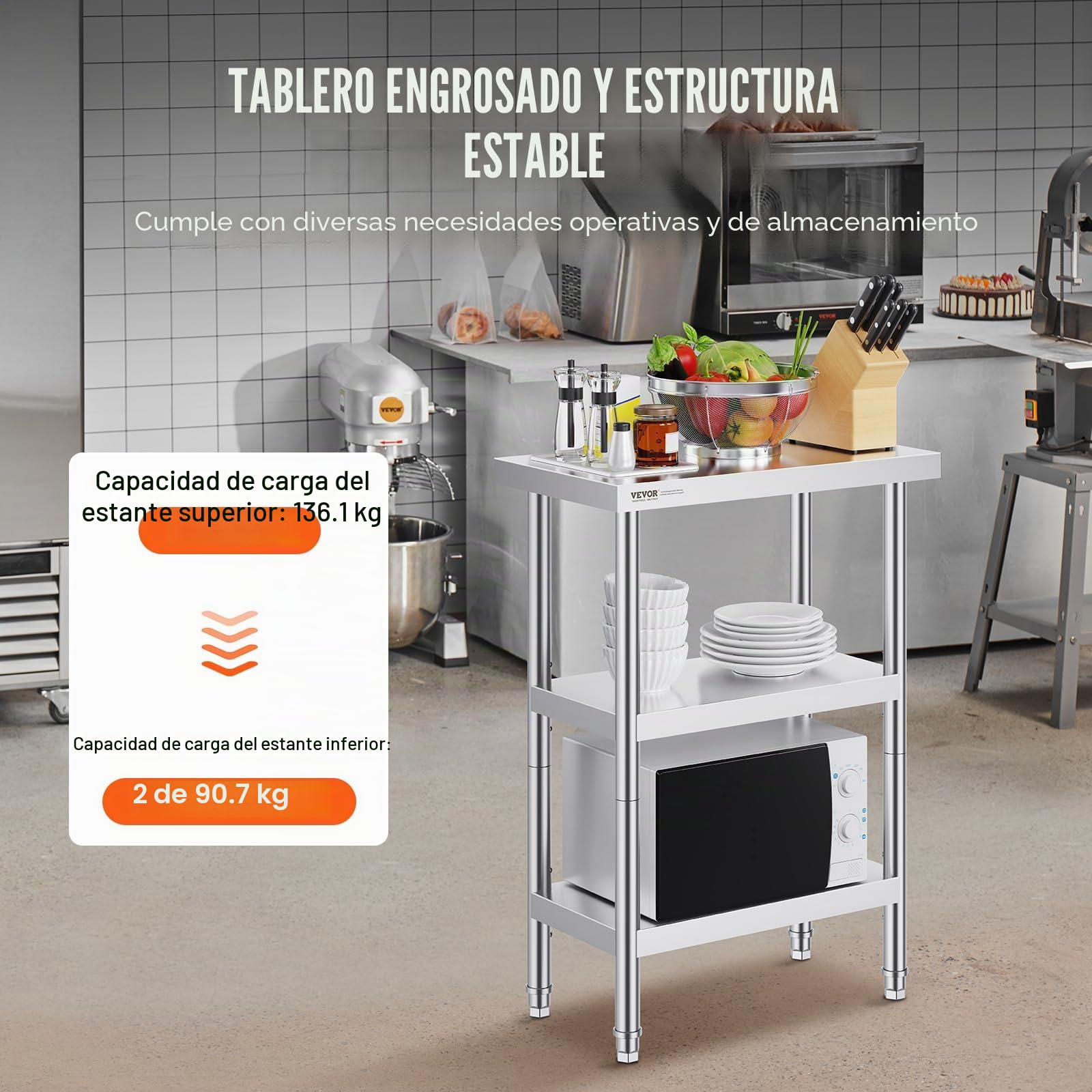 VEVOR Mesa de Preparación de Acero Inoxidable 356x610x864 mm con 2 Estantes Inferiores Ajustables para Cocina Comercial y Hogar