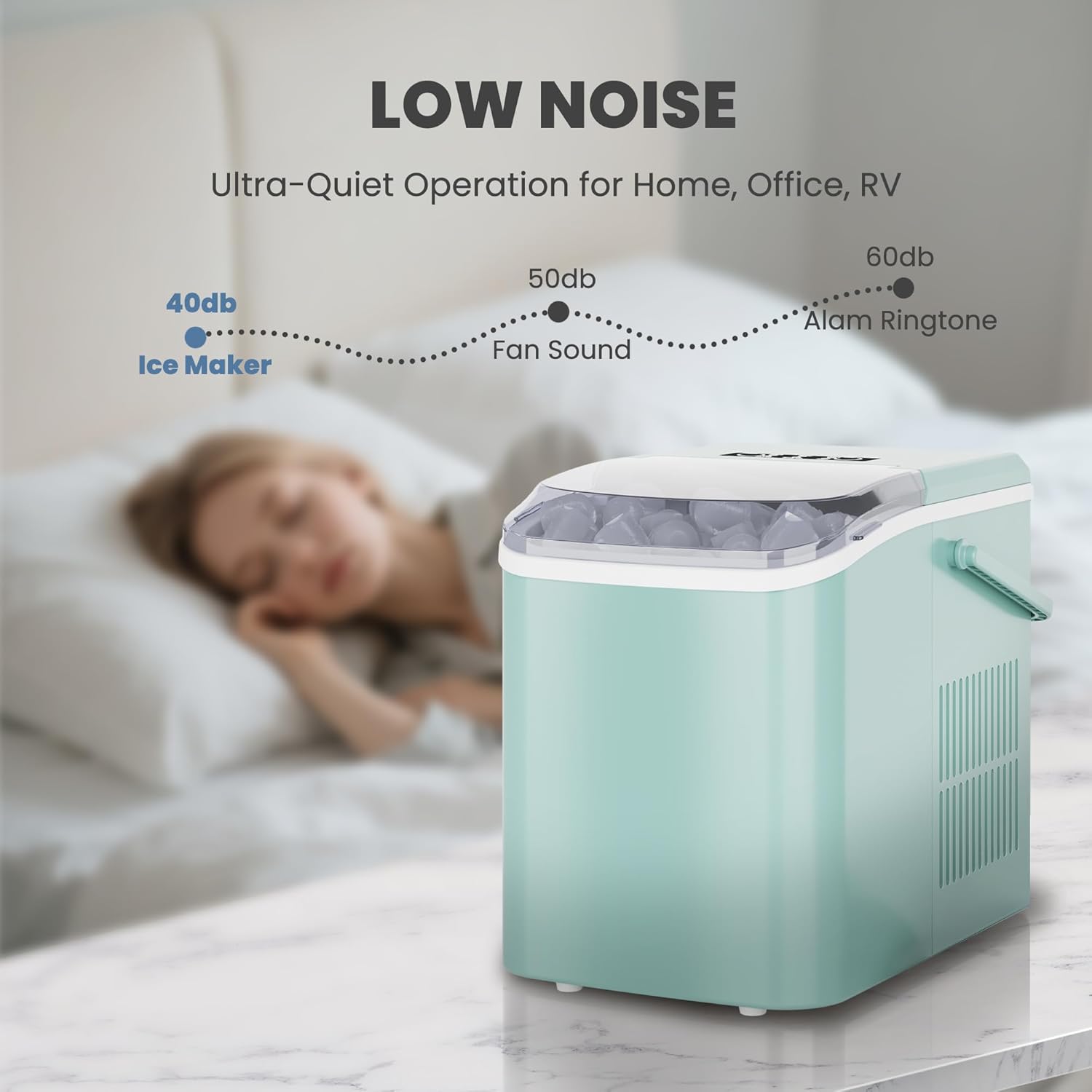 DUMOS Countertop Ice Maker with Handle, 26lbs/24H Portable Ice Machine, 9 Bullet Cubes Ready in 6 Mins, Self-Cleaning, Quiet Compact for Home, Kitchen, RV, Camping, Green - Image 7