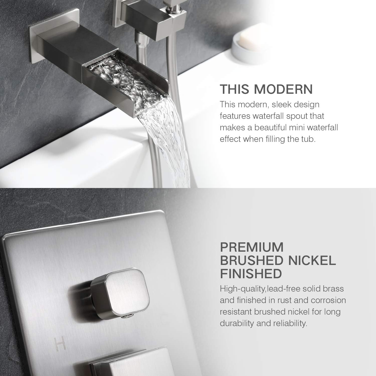 70% Off Discount TapLong Wall Mounted Bathtub Faucet with Sprayer, Single Handle Tub Filler with Hand Shower, 3 Holes Contemporary Waterfall Tub Faucet (Rough-in Valve and Trim Kit Included), Brushed Nickel, 00141S