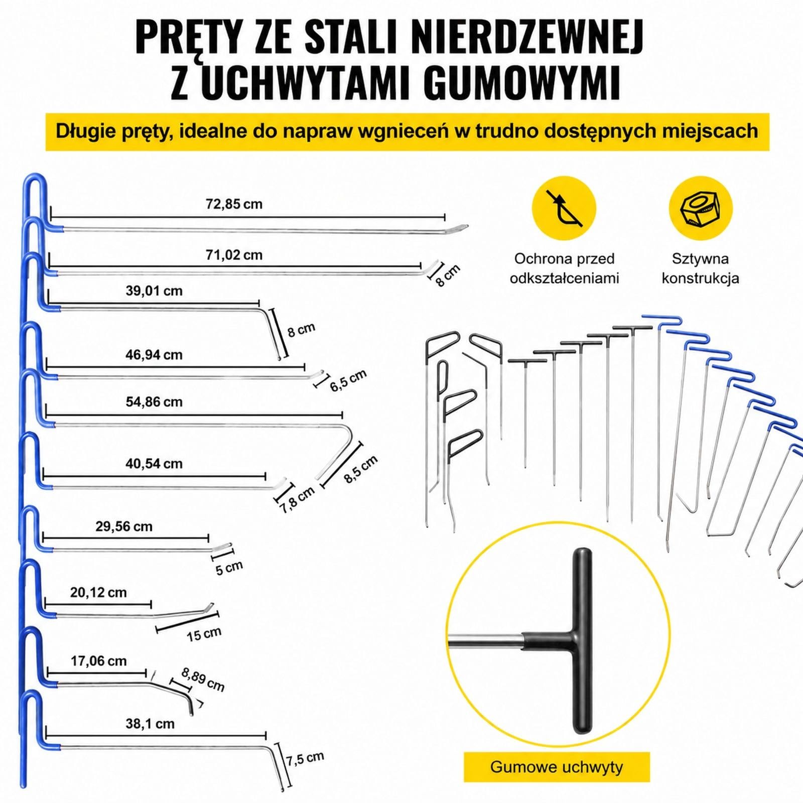 21-częściowy zestaw do usuwania wgniotów ze stali nierdzewnej, bez lakierowania, z prętami, po gradzie