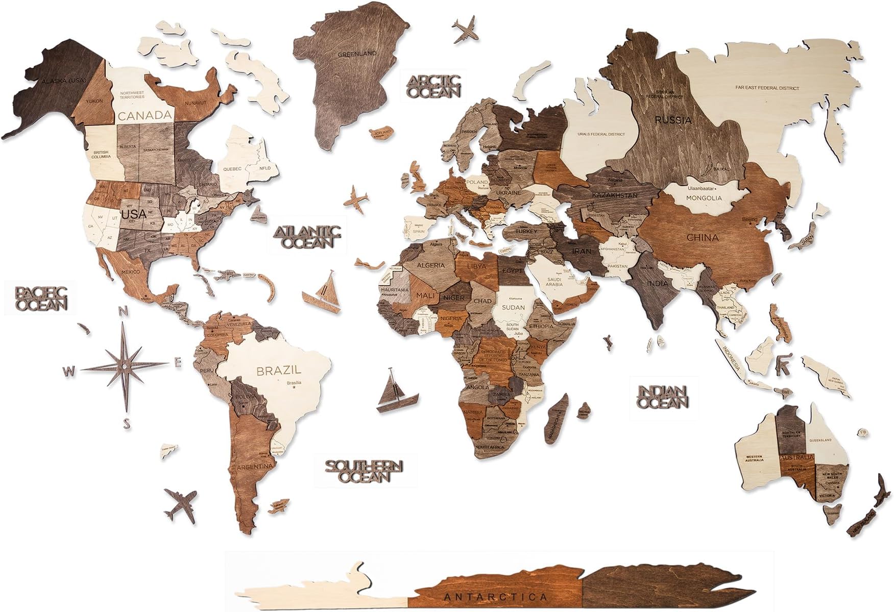 AWESOMETIK MULTICOLOR 3D Wood World Map 3D Wood Map of the World Easy Installation with Double Sided Tape Includes Add Ons Premium Durable Plywood Ideal for Home and Office Decor (Large)