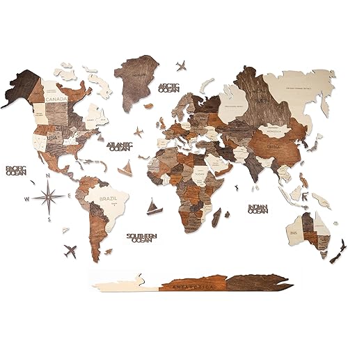 AWESOMETIK MULTICOLOR 3D Wood World Map 3D Wood Map of the World Easy Installation with Double Sided Tape Includes Add Ons Premium Durable Plywood Ideal for Home and Office Decor